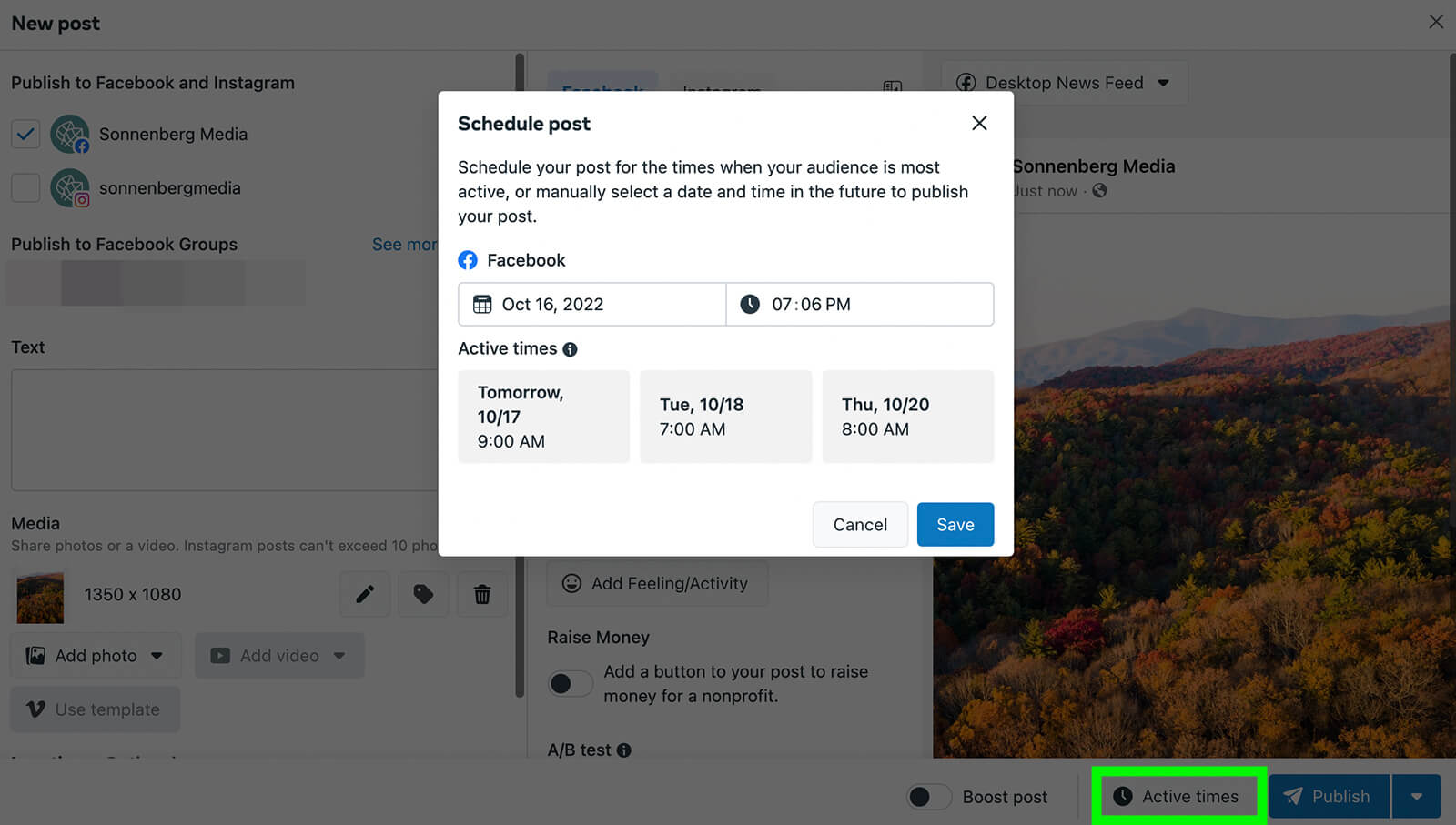 how-to-maximize-unconnected-distribution-on-facebook-post-content-consistently-post-composer-business-suite-best0times-to-publish-active-times-button-example-9
