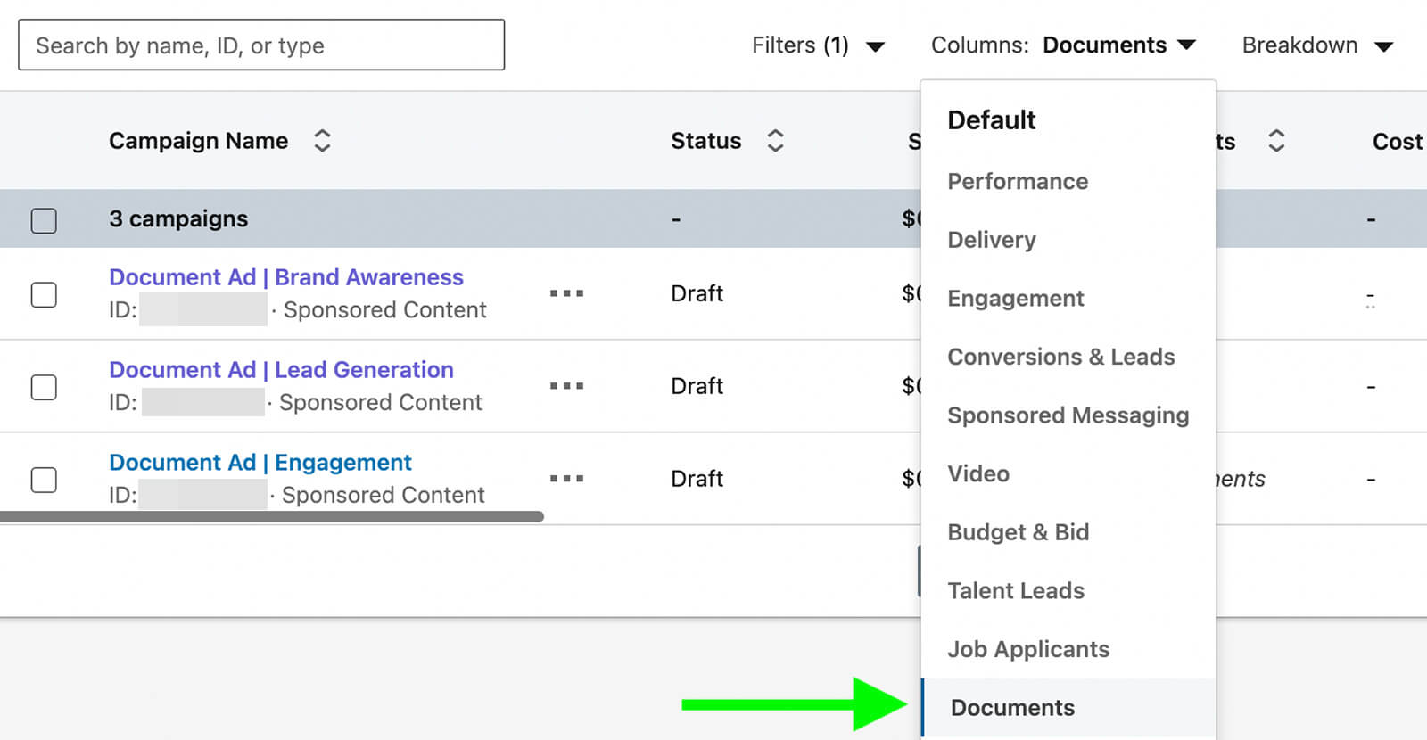 how-to-review-document-ad-results-with-linkedin-document-ads-campaign-manager-documents-column-preset-tracks-previews-and-downloads-example-14