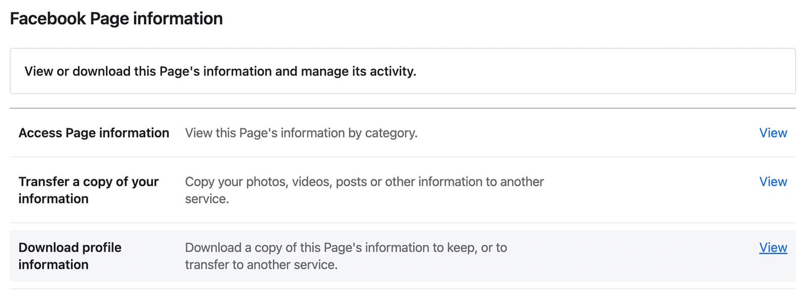 how-to-export-facebook-page-content-export-copy-of-your-page-view-link-next-to-download-profile-information-example-2