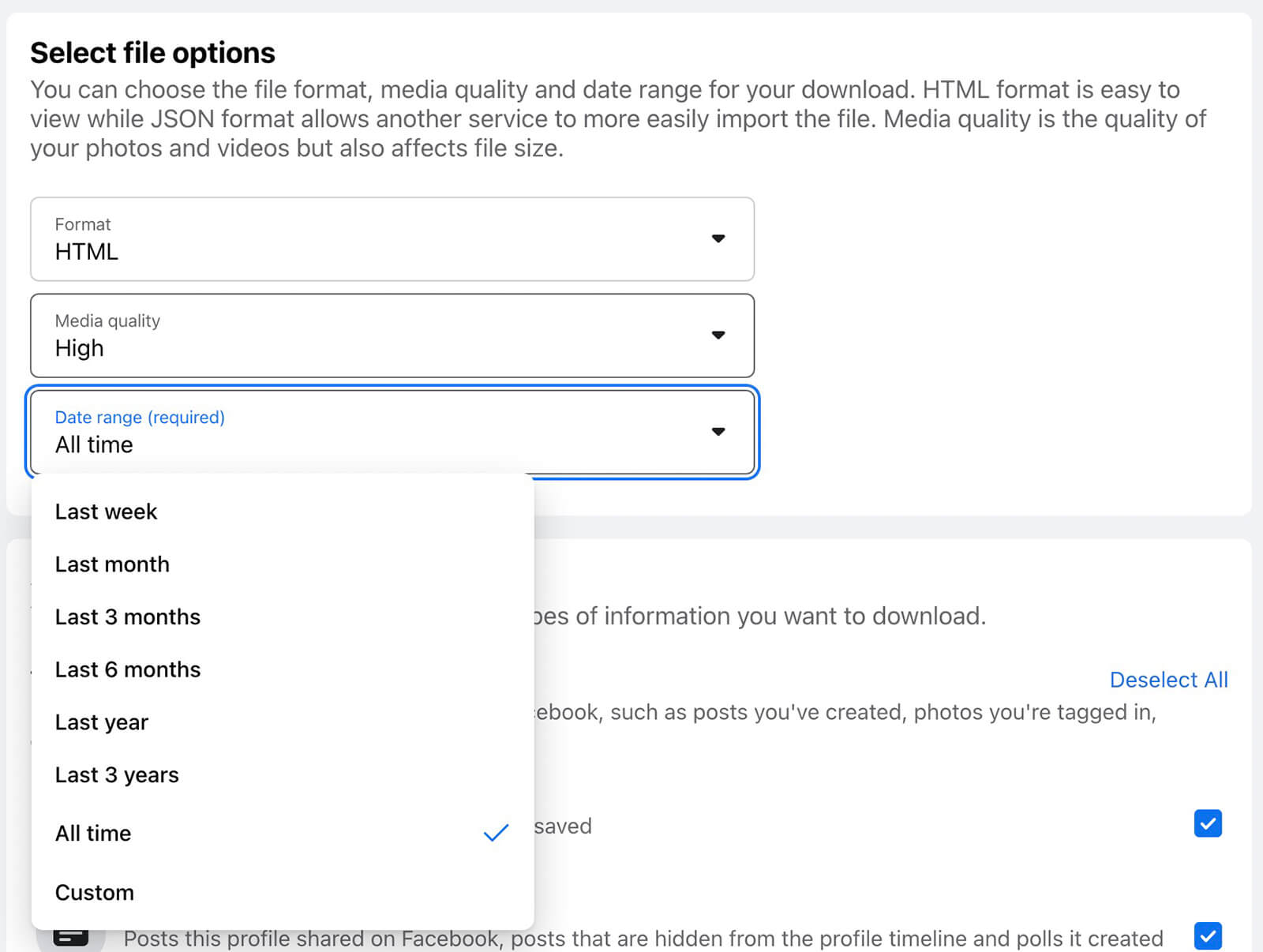 how-to-export-facebook-page-content-select-file-options-html-format-media-quality-date-range-example-3