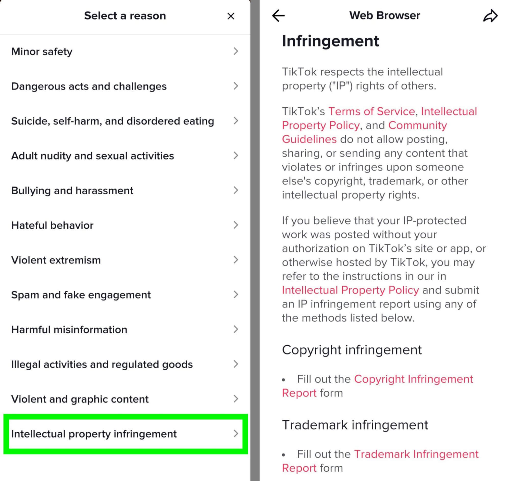 how-to-monitor-intellectual-property-on-tiktok-select-report-choose-infringement-community-guidelines-and-intellectual-property-policy-copyright-infringement-report-link-example-28