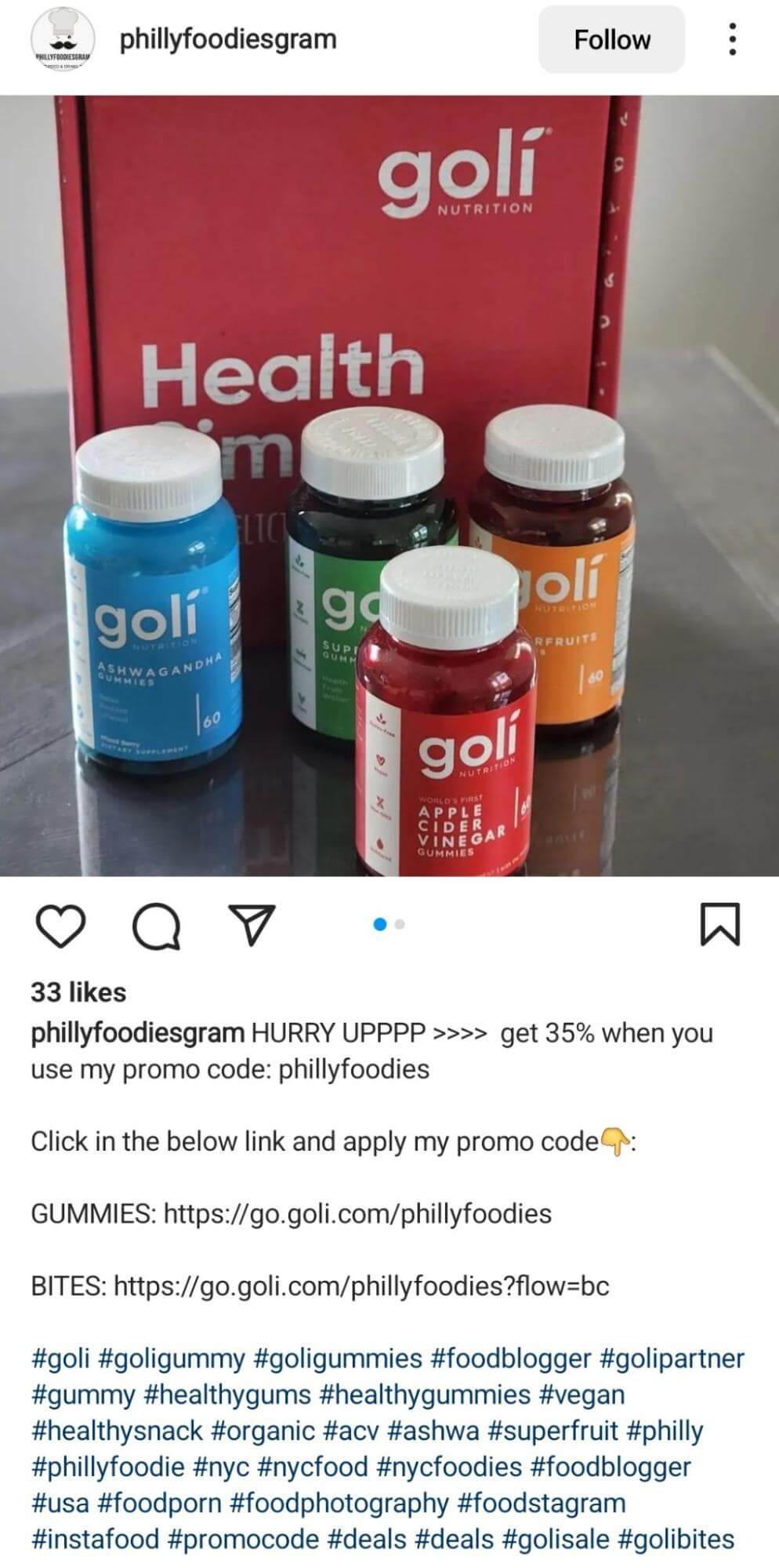 how-to-partner-with-influencers-to-reach-new-audiences-on-instagram-caption-mentions-influencers-promo-code-instructions-to-redeem-for-discount-phillyfoodiesgram-golinutrition-example-12