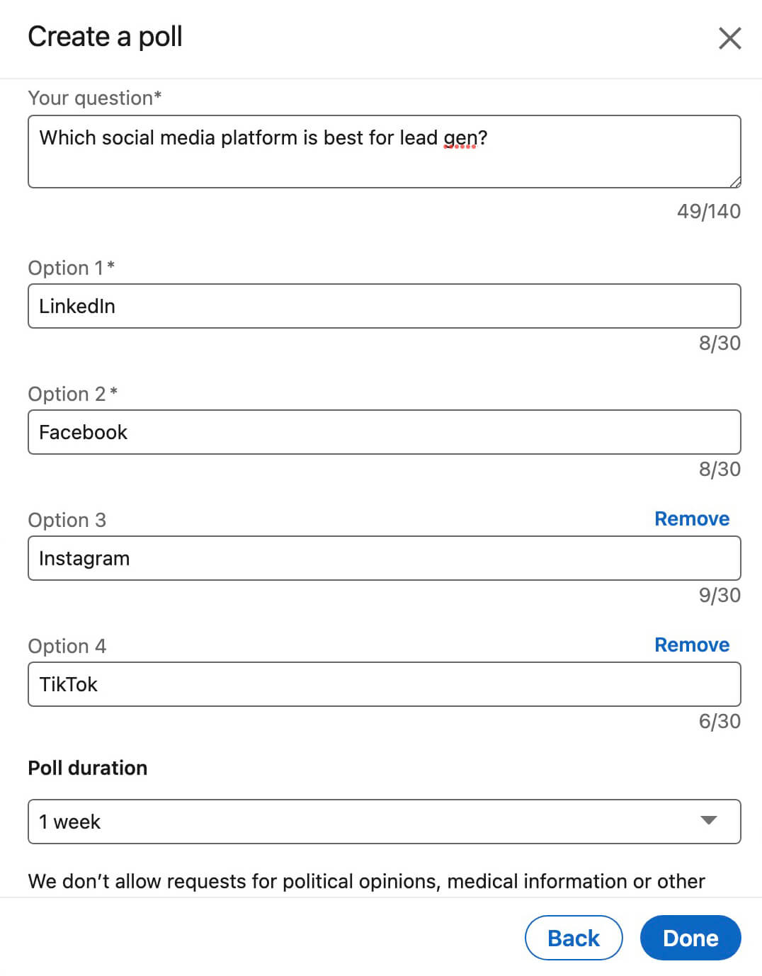 how-to-poll-customers-via-linkedin-posts-create-a-poll-enter-question-provide-up-to-four-answer-options-example-6