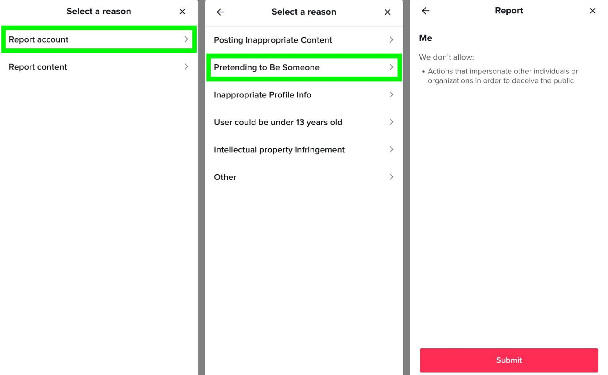 how-to-report-an-imposter-tiktok-account-tap-report-account-select-pretending-to-be-someone-select-me-tap-submit-example-26