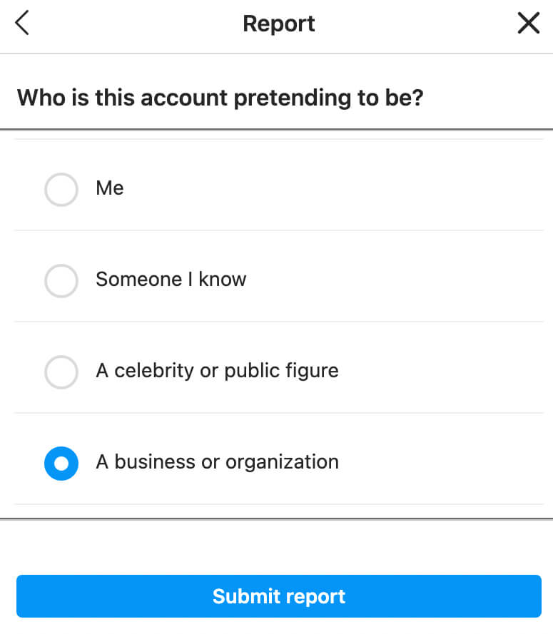 how-to-report-fake-instagram-accounts-select-a-business-account-or-organization-click-submit-report-example-9