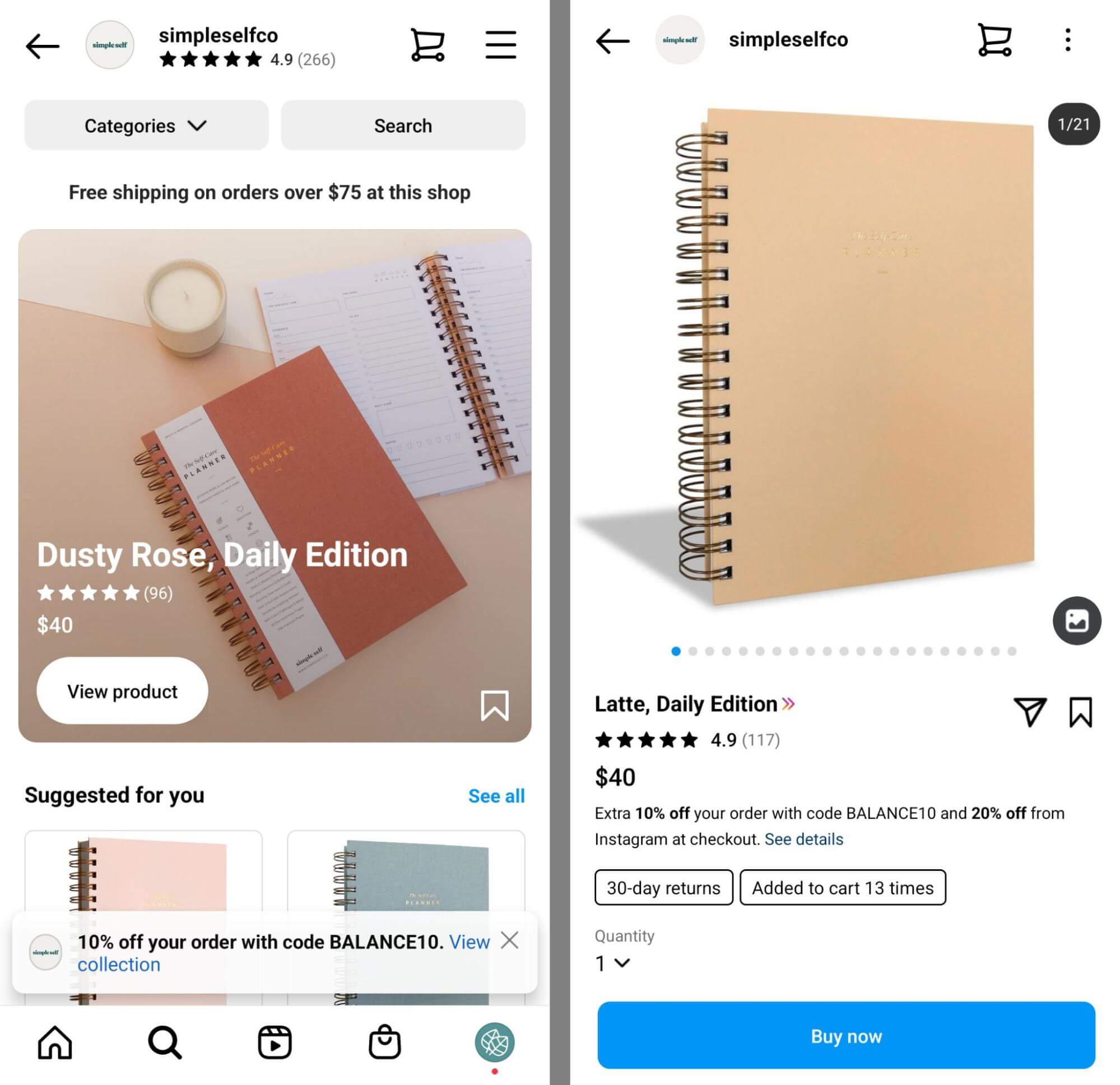 how-to-serve-promo-codes-to-shoppers-via-instagram-shops-banner-promoting-offer-products-highlight-discount-simpleselfco-example-5