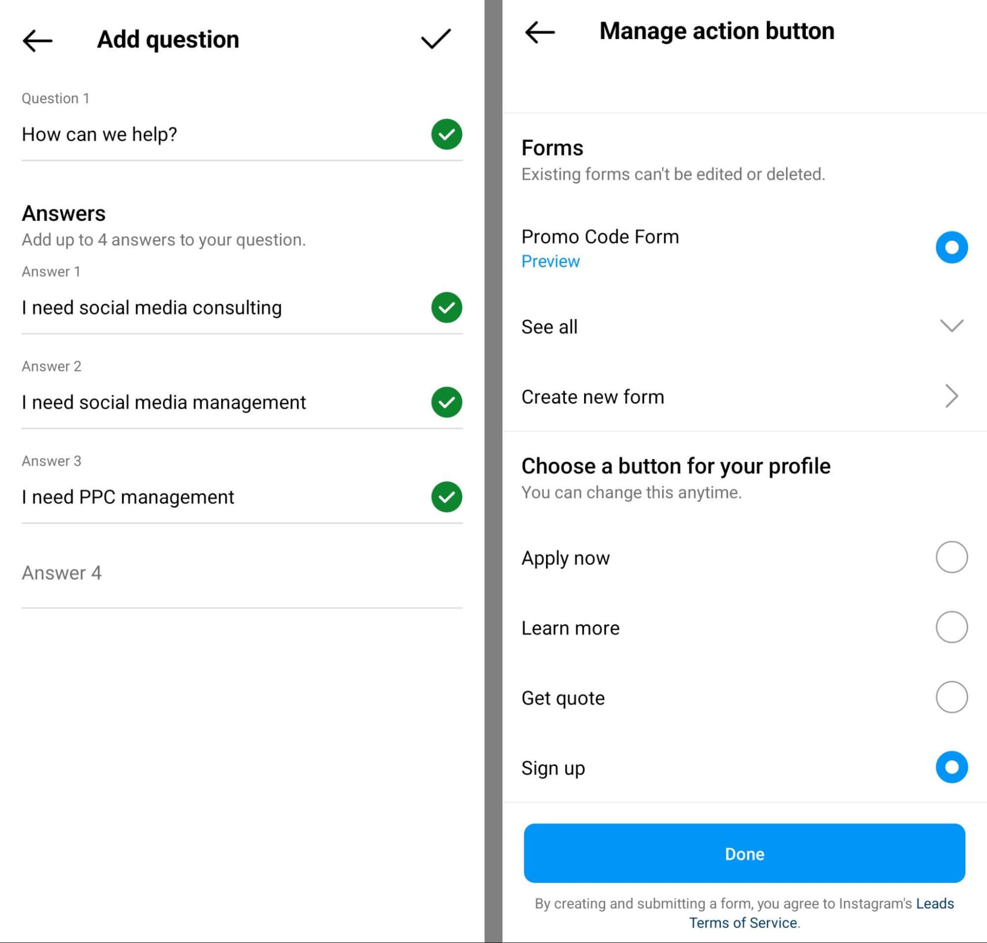 how-to-set-up-a-signup-action-button-on-instagram-custom-questions-sign-up-get-quote-promo-code-example-4