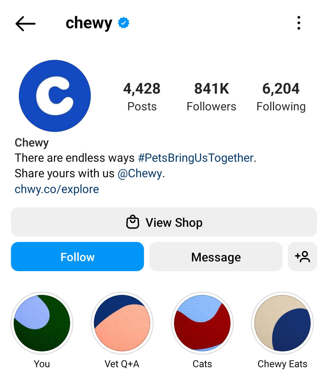 how-to-set-up-your-instagram-profile-for-brand-recognition-and-engagement-bio-includes-story-highlights-that-showcase-ugc-answer-questions-feature-popular-products-cta-chewy-example-3