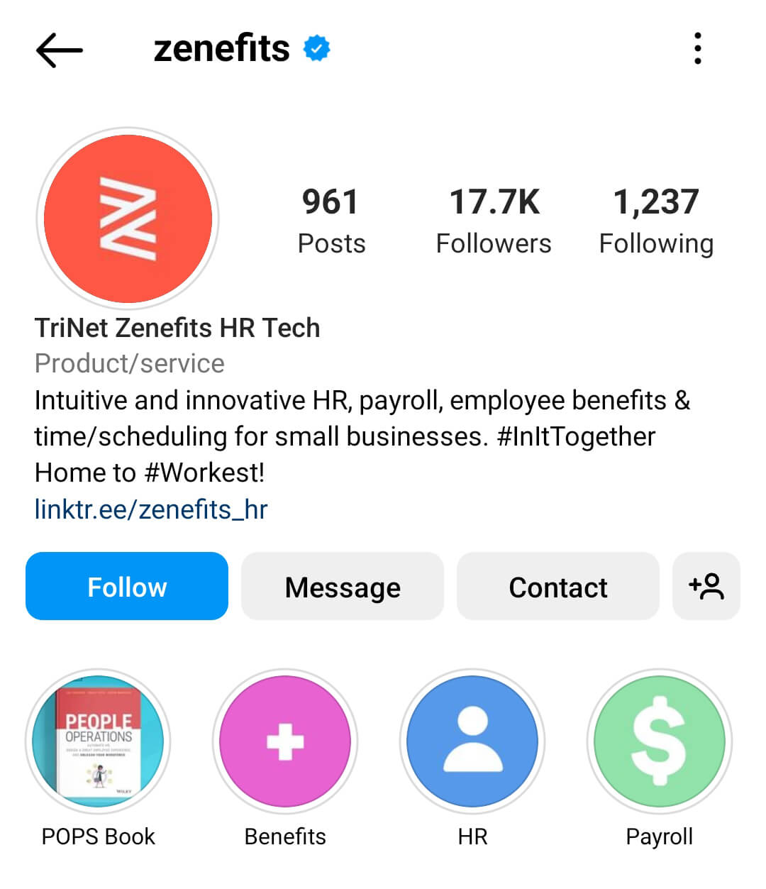 how-to-set-up-your-instagram-profile-for-brand-recognition-and-engagement-bio-links-to-landing-page-with-resources-for-demo-toolkits-ebooks-branded-hashtags-zenefits-example-2