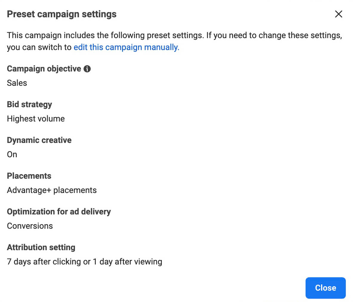 how-to-run-tailored-sales-campaigns-for-facebook-ads-best-practices-highest-bid-strategy-advantage-plus-placements-optimizing-for-conversions-dynamic-creative-preset-settings-example-5