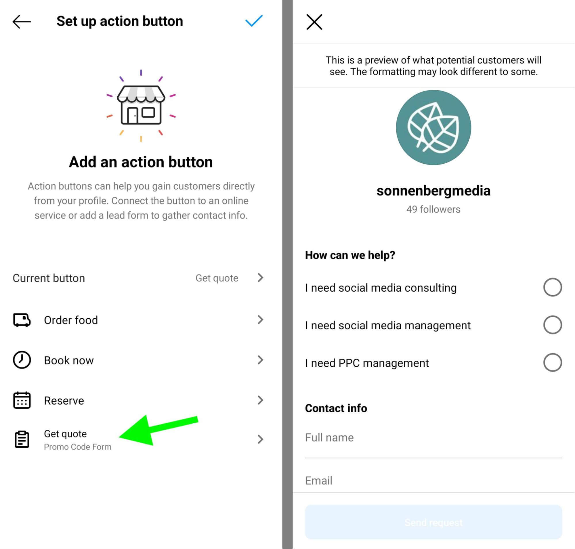 como-configurar-seu-instagram-canais-de-vendas-serviço-baseado-negócios-reservar-agora-reservar-botão-obter-cotação-exemplo-2