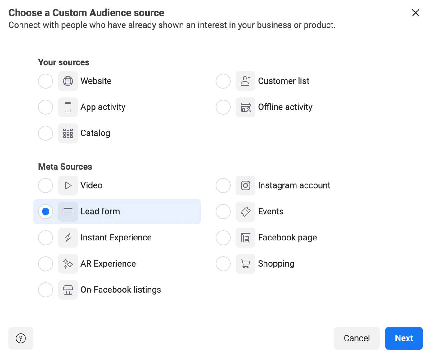 how-to-target-in-app-conversions-for-facebook-ads-meta-data-sources-build-audiences-based-on-messages-lead-forms-product-catalogs-other-native-sources-example-15