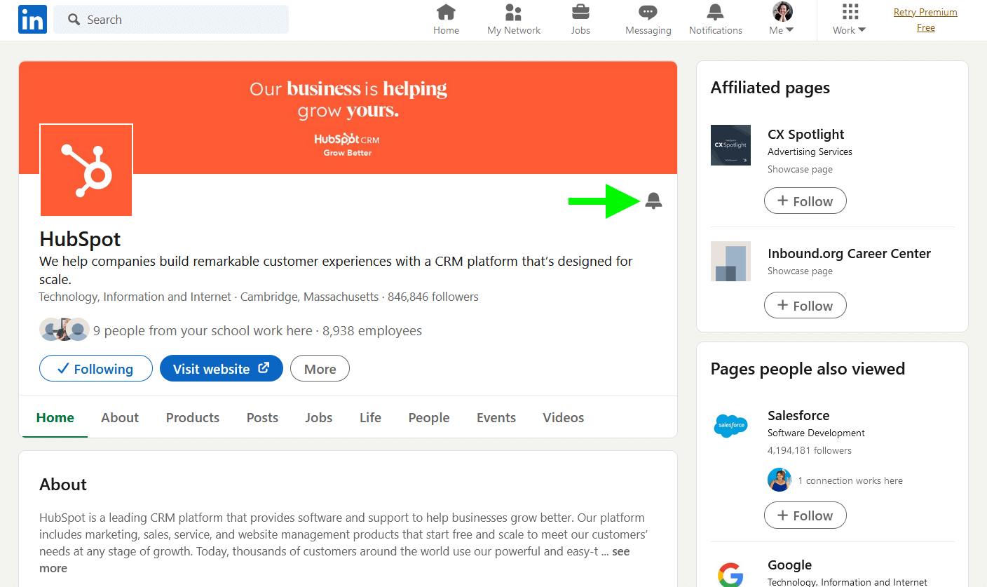 how-to-use-company-page-notifications-on-your-linkedin-page-new-feature-grey-bell-icon-example-4