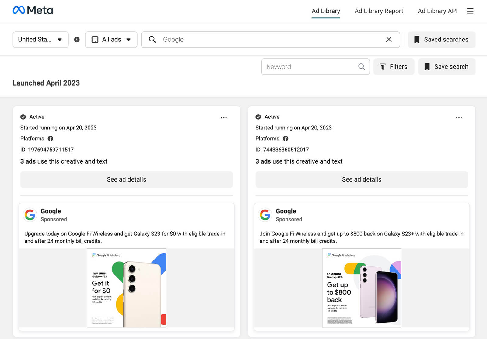 google-ads-transparency-center-meta-ad-library-api-saved-searches-ads-launched-april-3