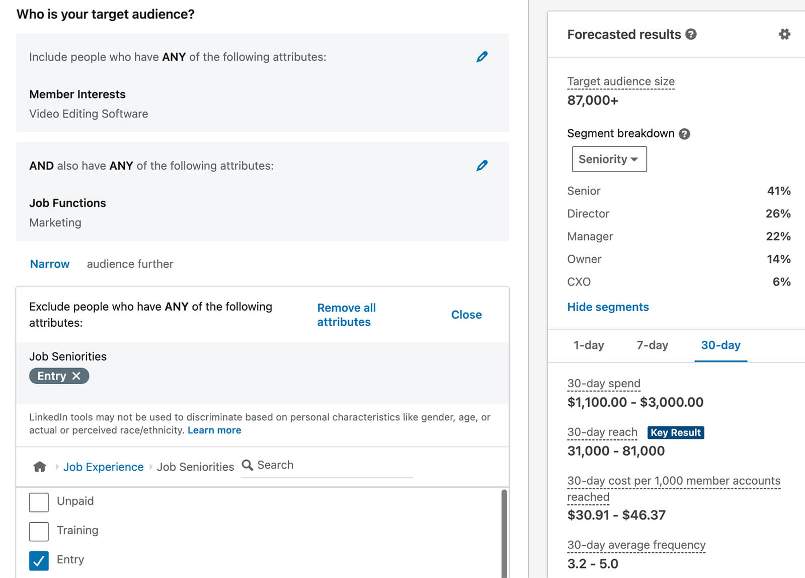 linkedin-ads-interest-targeting-narrow-audience-further-exclude-people-with-job-seniorities-entry-forecasted-results-16