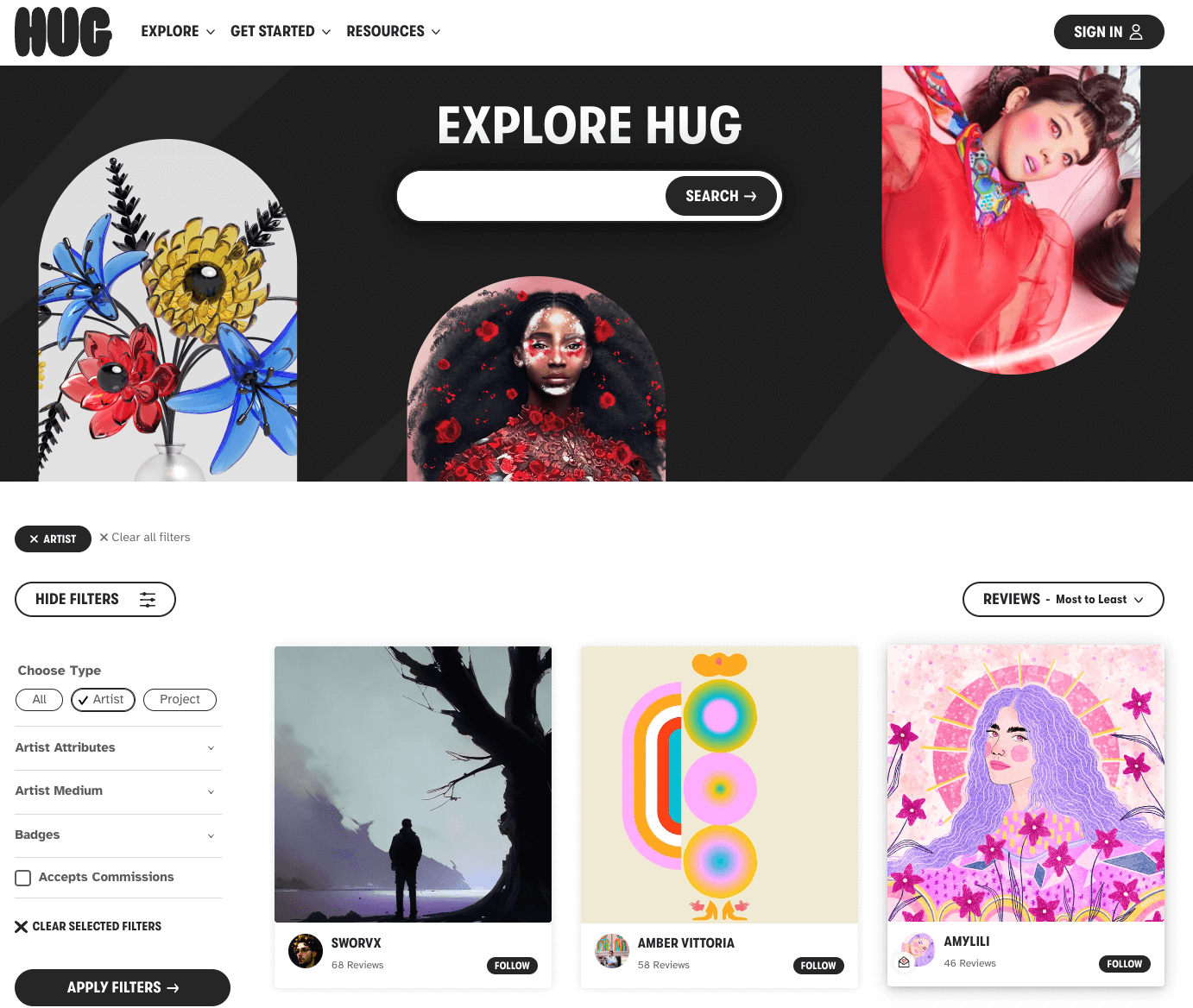 thehug-website-artist-profile-search-filters